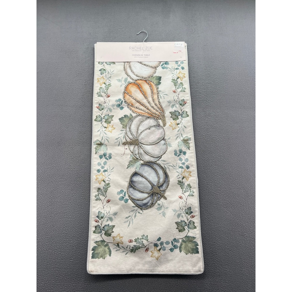 Rachel Zoe Beaded Pumpkin Table Runner Fall Harvest Thanksgiving Cream 16x72 NEW